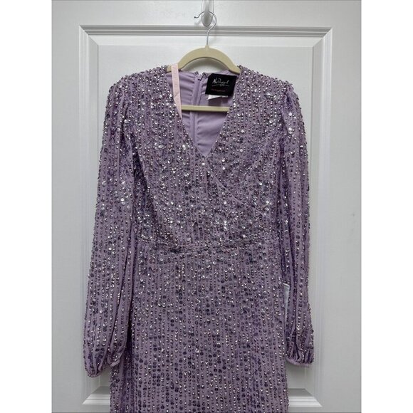 Mac Duggal Size 8 Purple 107641 Sequined Puff Sleeve V Neck Midi Cocktail Dress - Picture 7 of 12